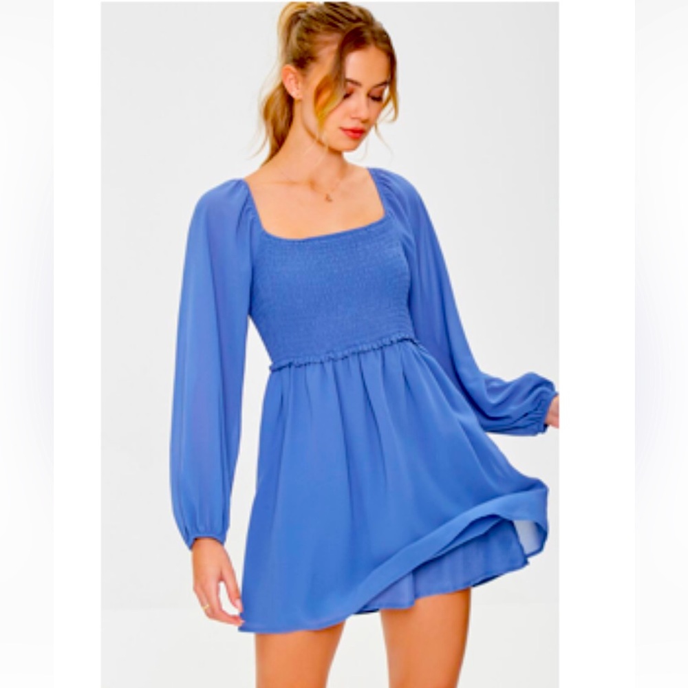 Chiffon Smocked Mini Dress, Blue, Small